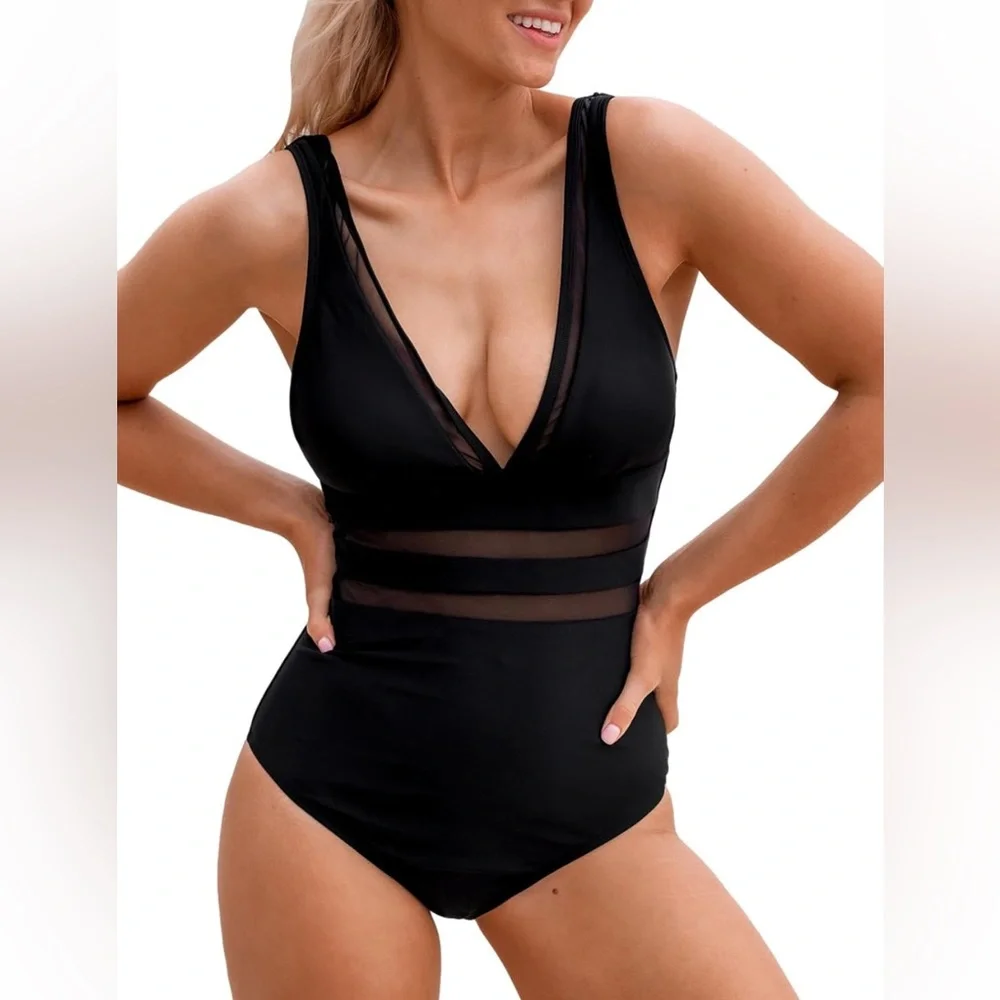NWT CUPSHE One Piece Swimsuit Long Torso Bathing Suit Plunging Neck Mesh, Sz OX